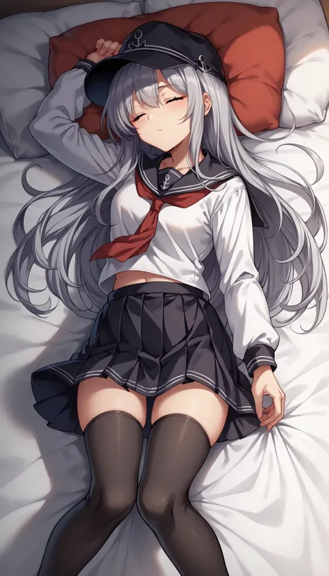 score_9, score_8_up, score_7_up, source_anime, game cg, <lora:hibiki:1>hibikiKC, long hair,grey hair, long sleeves, hat, school uniform, pleated skirt, serafuku, black thighhighs, black skirt,black headwear, red neckerchief, black sailor collar, anchor symbol, flat cap,sleeping,from above, <lora:light_sharp_style_magin3.1:1>