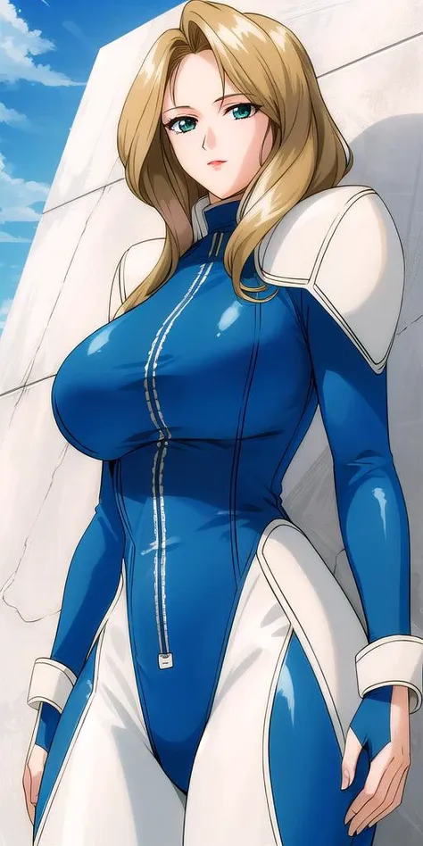 <lora:RexV4:0.7> macross7rex, huge_breasts, standing, solo, Blue_bikesuit_White_shoulder_pads, masterpiece, best_quality, detailed_face, detailed_eyes, highres, beautiful, detailed,