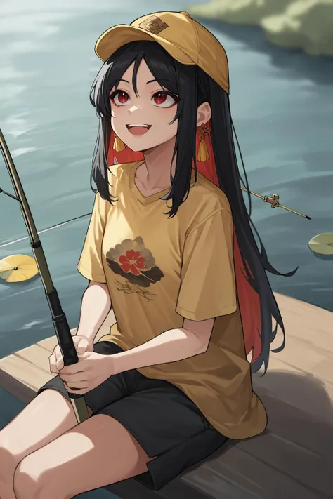 source_anime, score_9, score_8_up, solo, 1girl, <lora:moran-nikke-richy-v1_pdxl:0.9> moran, black hair, long hair, colored inner hair, multicolored hair, red hair, red eyes, tassel earings. yellow cap, looking up, wide smile, open mouth, yellow t-shirt, sitting, fishing pole, fishing, lake background