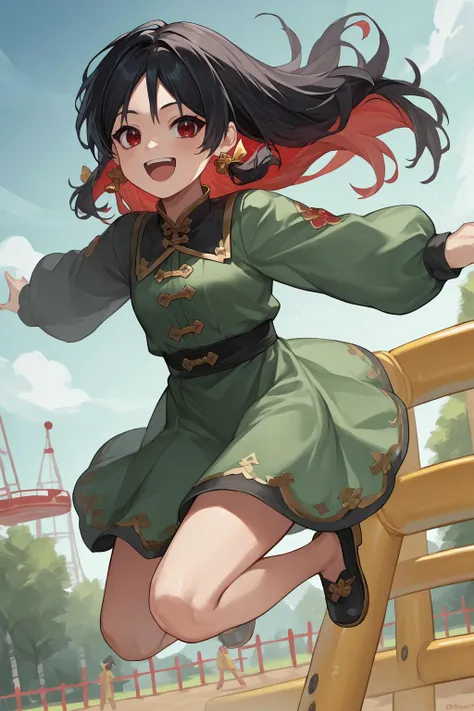 source_anime, score_9, score_8_up, solo, 1girl,  <lora:moran-nikke-richy-v1_pdxl:0.9> moran, black hair, long hair, colored inner hair, multicolored hair, red hair, red eyes, tassel earings. jumping, playground, happy, sunny day, green dress, hair ribbon