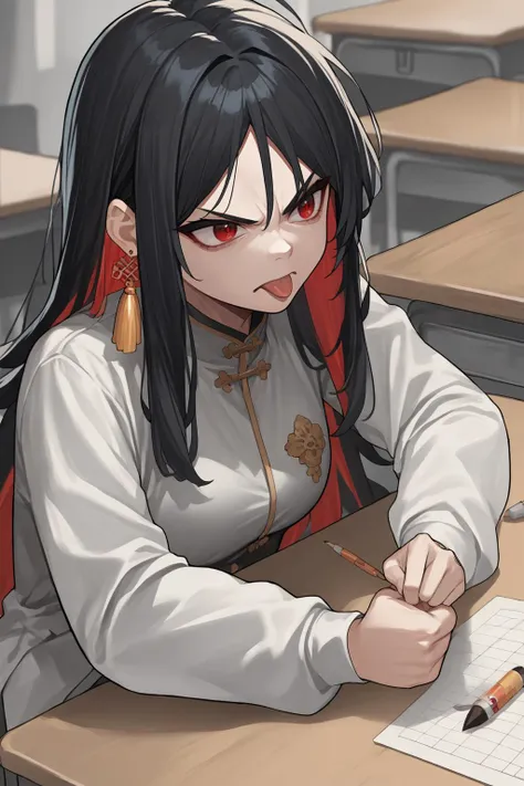 source_anime, score_9, score_8_up, solo, 1girl,  <lora:moran-nikke-richy-v1_pdxl:0.9> moran, black hair, long hair, colored inner hair, multicolored hair, red hair, red eyes, tassel earings. sitting, desk, drawing_(action), crayons, white jacket, tongue out, determined