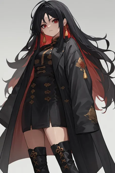 source_anime, score_9, score_8_up, solo, 1girl,  <lora:moran-nikke-richy-v1_pdxl:1> moran, black hair, long hair, colored inner hair, multicolored hair, red hair, red eyes, tassel earings. black thigh boots, long coat, open coat, black coat, black skirt