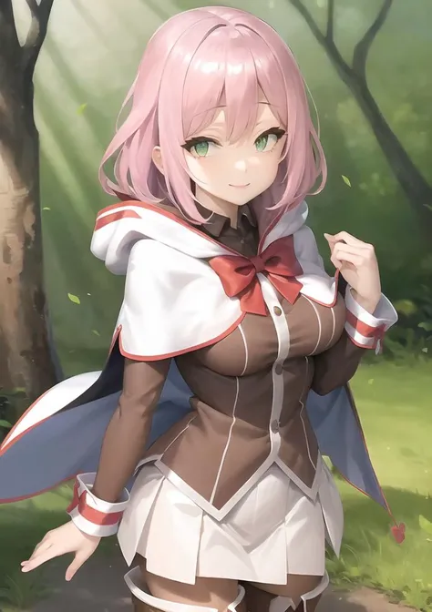 masterpiece, best quality, ultra-detailed, beautiful detailed eyes, extremely detailed eyes and face, 1girl, norn_jioral, long sleeves, red bowtie, cape, capelet, hood, hood down, pleated skirt, white skirt, thigh boots, brown footwear, ((medium breasts)), standing, looking at viewer, smiling, forest, cowboy shot, upper body, <lora:norn_v1:0.75>