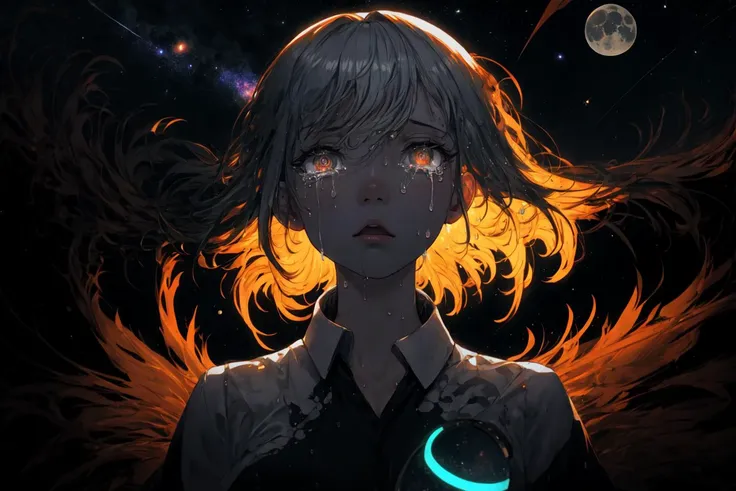 8k wallpaper, ultra detailed, lots of small details, finely detailed, Solo, stary sky, moon light, outer space, oversized shirt, glowing eyes, detailed background, neon trim, neon lights, glowing tattoo, ray tracing, glowing particles, (crying, hair fan), (sunrise, magical, floating tears), wet, water, detailed eyes, large eyes, glowing hair,
<lora:EtherealStyleMerge:0.8>
<lora:add_detail:0.5>