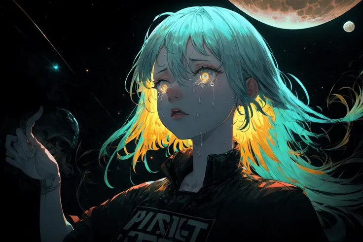 8k wallpaper, ultra detailed, lots of small details, finely detailed, Solo, stary sky, moon light, outer space, oversized shirt, glowing eyes, detailed background, neon trim, neon lights, glowing tattoo, ray tracing, (glowing particles:1.1), (crying, hair fan), (sunrise, magical, floating tears), wet, water, detailed eyes, large eyes, glowing hair,
<lora:EtherealStyleMerge:0.8>
<lora:add_detail:0.5>