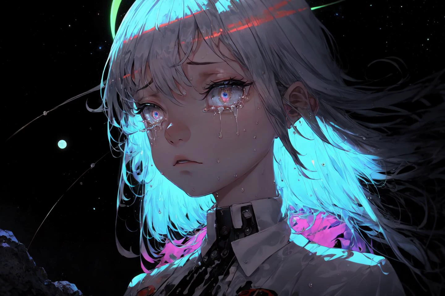 8k wallpaper, ultra detailed, lots of small details, finely detailed, Solo, stary sky, moon light, outer space, oversized shirt, glowing eyes, detailed background, neon trim, neon lights, glowing tattoo, ray tracing, (glowing particles:1.1), (crying, hair fan), (sunrise, magical, floating tears), wet, water, detailed eyes, large eyes, glowing hair,
<lora:EtherealStyleMerge:0.8>
 <lora:add_detail:0.5>