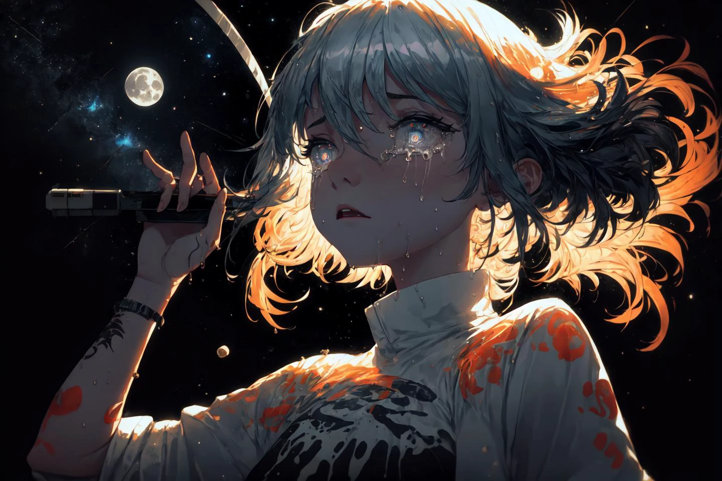 8k wallpaper, ultra detailed, lots of small details, finely detailed, Solo, stary sky, moon light, outer space, oversized shirt, glowing eyes, detailed background, neon trim, neon lights, glowing tattoo, ray tracing, (glowing particles:1.1), (crying, hair fan), (sunrise, magical, floating tears), wet, water, detailed eyes, large eyes, glowing hair,
<lora:EtherealStyleMerge:0.8>
<lora:add_detail:0.5>