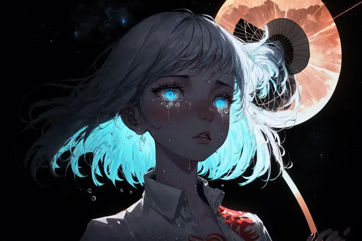 8k wallpaper, ultra detailed, lots of small details, finely detailed, Solo, stary sky, moon light, outer space, oversized shirt, glowing eyes, detailed background, neon trim, neon lights, glowing tattoo, ray tracing, glowing particles, (crying, hair fan), (sunrise, magical, floating tears), wet, water, detailed eyes, large eyes, glowing hair,
<lora:EtherealStyleMerge:0.8>
<lora:add_detail:0.5>