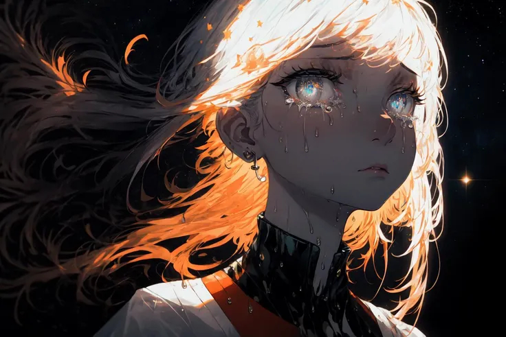 8k wallpaper, ultra detailed, lots of small details, finely detailed, Solo, stary sky, moon light, outer space, oversized shirt, glowing eyes, detailed background, neon trim, neon lights, glowing tattoo, ray tracing, (glowing particles:1.1), (crying, hair fan), (sunrise, magical, floating tears), wet, water, detailed eyes, large eyes, glowing hair,
<lora:EtherealStyleMerge:0.8>
<lora:add_detail:0.5>