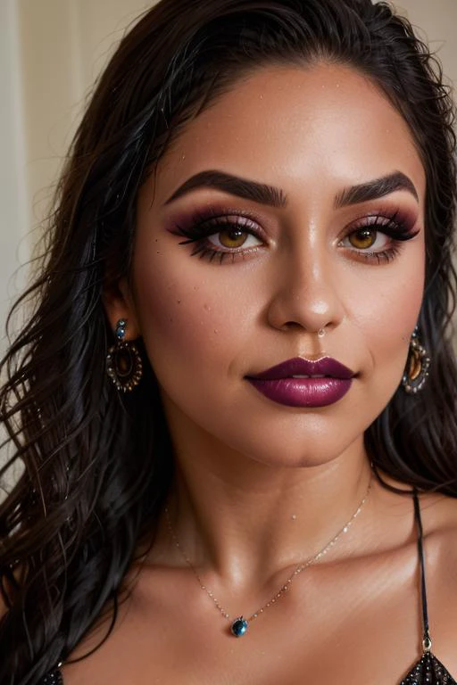 portrait, glamour photography of a stylish latina, edgy vibe, dark, mascara, eyeliner, dark cheeks, Unique facial piercings with ornate jewelry, Round eyes, Dimples, Smoky eye makeup, Defined jawline, skin pores, shiny skin, grainy <lora:Shower_girl:1> latina girl
