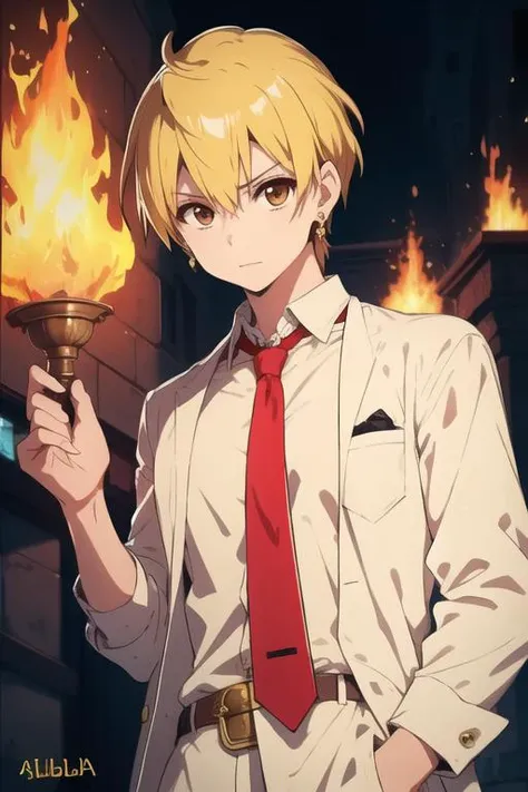 masterpiece, best quality, high quality, 1boy, solo, male focus, looking at viewer, upper body, <lora:alibaba_saluja:0.68>, alibaba_saluja, blonde hair, jewelry, brown eyes, fire, formal, necktie, dress shirt