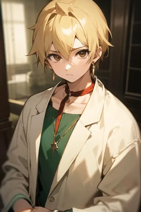 masterpiece, best quality, high quality, 1boy, solo, male focus, looking at viewer, upper body, <lora:alibaba_saluja:0.62>, alibaba_saluja, blonde hair, jewelry, brown eyes, , pajamas