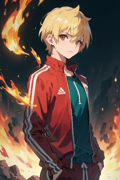 masterpiece, best quality, high quality, 1boy, solo, male focus, looking at viewer, upper body, <lora:alibaba_saluja:0.60>, alibaba_saluja, blonde hair, jewelry, brown eyes, fire, track suit