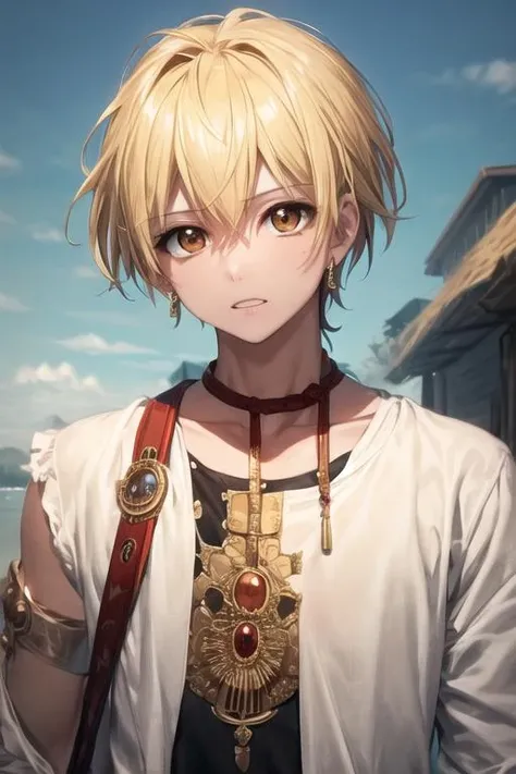 masterpiece, best quality, high quality, 1boy, solo, male focus, looking at viewer, upper body, <lora:alibaba_saluja:0.60>, alibaba_saluja, blonde hair, jewelry, brown eyes, , shirt