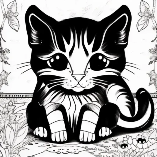 (sad kitten), COLR_001, intricate, cute, simple, white background, black and white, thin lines