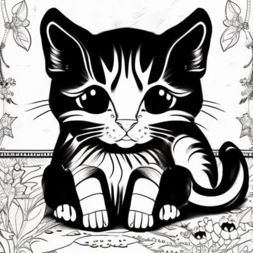 (sad kitten), COLR_001, intricate, cute, simple, white background, black and white, thin lines
