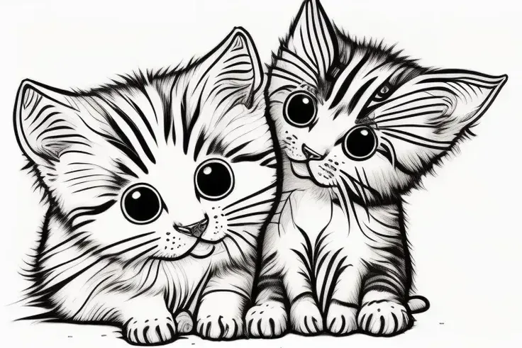 (two happy kitten), COLR_001, intricate, cute, simple, white background, black and white, thin lines
