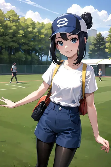 masterpiece,best quality,1girl,BettiePM,single hair bun,baseball cap,black hair,shorts,black pantyhose,white shirt,backpack,undershirt, facing viewer, in synthetic field,(artificial turf,metal trees:1.2),smiling, <lora:Bettie:0.5>
