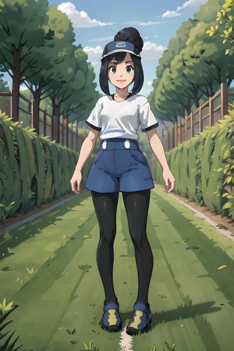 masterpiece,best quality,1girl,BettiePM,single hair bun,black hair,shorts,black pantyhose,white shirt,undershirt,standing,full body,facing viewer,in field,(artificial turf,metal trees:1.2),smiling, <lora:Bettie:0.8>