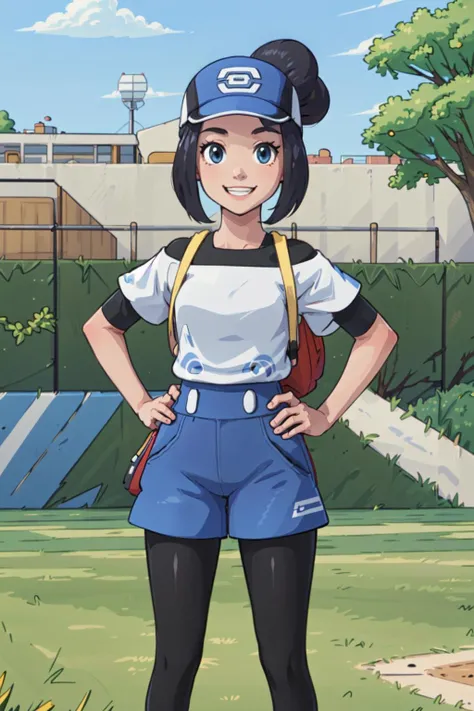 masterpiece,best quality,1girl,BettiePM,single hair bun,baseball cap,black hair,shorts,black pantyhose,white shirt,backpack,undershirt,standing,(cowboy shot,facing viewer,hands on hips),(in synthetic field,artificial turf,metal trees:1.3),smiling, <lora:Bettie:0.8>