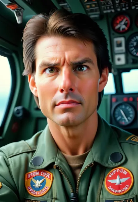 (analog photo:1.2),((amateur photo:1.3,art retouch,90s flash photo, analogue photo),
close-up portrait funny Tom Cruise as Maverick in Top Gun: Maverick, sitting in the cockpit of an F-18, (16mm lens low wide-angle,(fish-eye:0.8)),(move noment), ,(skin texture), Fujifilm Superia X-Tra 400),(midnight hour, high quality, film grain), (natural colors, correct white balance, color correction, dehaze,clarity), <lora:cinematic vintage film:0.8> Cinematic vintage film style