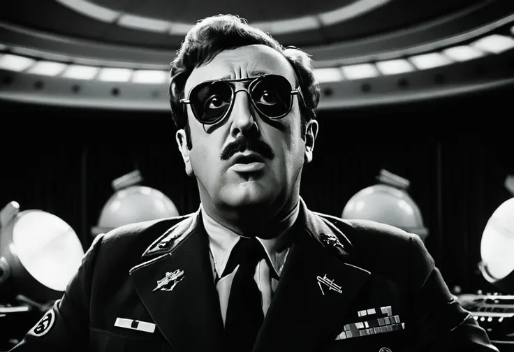 Black and white photo, cinema, Peter Sellers as Dr. Strangelove, <lora:cinematic vintage film:0.8> Cinematic vintage film style