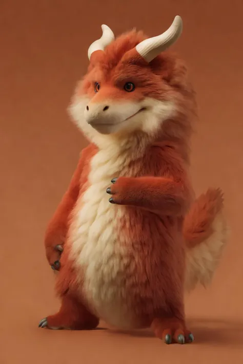 party animal, dragon, furred dragon, red fur, tail, horn, fluffy, solo, claws, simple background, fur, feral, looking at viewer, full-length portrait, <lora:party_animal_offical_lion-000006:1>