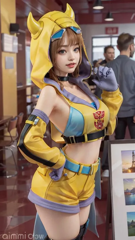RAW photo, (best quality:1.3), high resolution, (masterpiece), (photorealistic:1.4), professional photography, sharp focus, HDR, 8K resolution, intricate detail, extremely detailed CG unity 8k wallpaper, <lora:TFBBG:0.8>, TFBBG, 1girl, solo, yellow bikini, yellow hoodie, yellow jacket, yellow shirt, yellow shorts, extremely detailed face, extremely detailed bule eyes:1.2, (smiling:1.3), (PureErosFace_V1:0.3), (naturally sagging enormous breasts:1.1), nice hands, prefect hands, <lyco:GoodHands-beta2:1.0>,