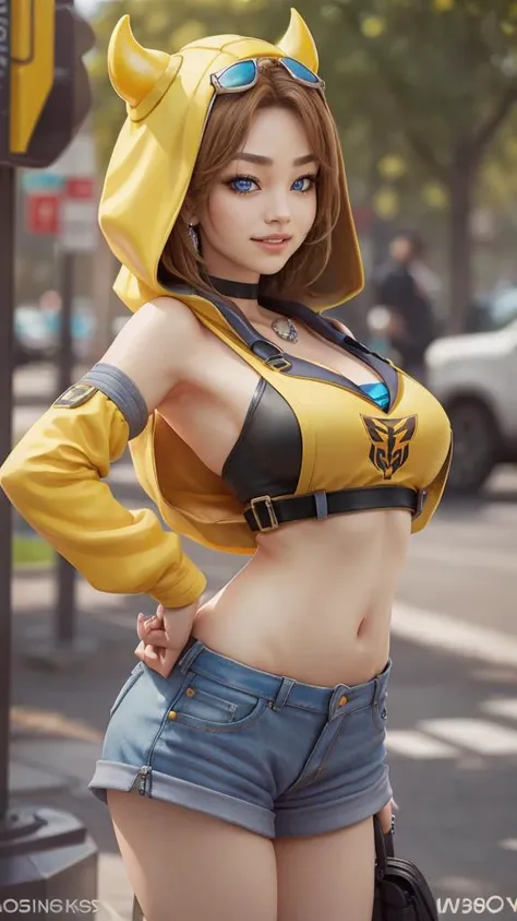 RAW photo, (best quality:1.3), high resolution, (masterpiece), (photorealistic:1.4), professional photography, sharp focus, HDR, 8K resolution, intricate detail, extremely detailed CG unity 8k wallpaper, <lora:TFBBG:0.6>, TFBBG, 1girl, solo, yellow bikini, yellow hoodie, yellow jacket, yellow shirt, yellow shorts, extremely detailed face, extremely detailed bule eyes:1.2, (smiling:1.3), (PureErosFace_V1:0.3), (naturally sagging enormous breasts:1.1), nice hands, prefect hands, <lyco:GoodHands-beta2:1.0>