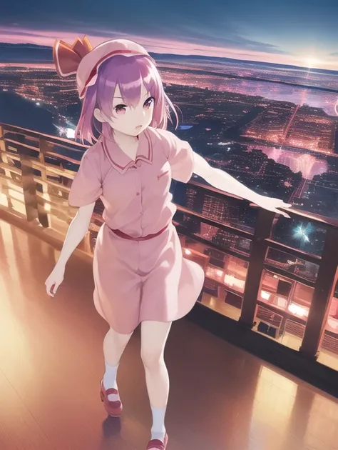 (masterpiece, high quality, novel illustration, game cg, official art), (from above), (cityscape), 1girl, solo, (hsk, remilia scarlet, pink head wear, pink shirt) is (taiyaki in mouth, holding taiyaki, fleeing), <lora:hsk03:1>