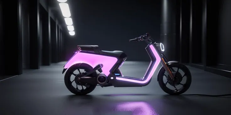 (blender cycles render style:1.2), solo, moped, retrofuturistic, future concept shape, led lighting, wide and low stance, wheels rotation, speed, (masterpiece:1.1) , best quality, reflection paint, ground vehicle, vehicle focus, ultra-realistic detail, reflective ground, dutch camera angle, <lora:Surfacing_v1:1>