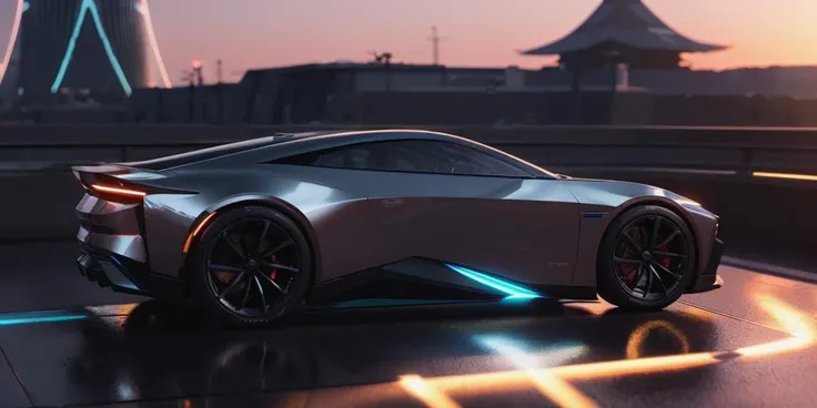 ((blender cycles render style)), solo, the futuristic city of Tokyo in the year 2050, sunset view reflected on the surface, lens flare, motion blur, blur background, (simple and new concept form), future concept shape, side-lit shiny led lighting, mecha, muscular volume, ultra wide and low stance, 1boy, wheels rotation, speed, masterpiece:2, best quality, car, science fiction, reflection paint, ground vehicle, vehicle focus, ultra-realistic detail, reflective ground, cardesignworld, car design trend 2023, black pearl metallic paint, low camera angle, <lora:Surfacing_v1:1>