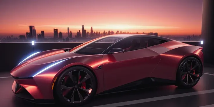 ((blender cycles render style)), the futuristic city of Tokyo in the year 2050, sunset view reflected on the surface, (simple future concept car), future SUV, muscular volume, masterpiece:2, best quality, car, science fiction, reflection paint, ground vehicle, vehicle focus, ultra-realistic detail, reflective ground, cardesignworld, car design trend 2023, crimson pearl metallic paint, low camera angle, <lora:Surfacing_v1:1>