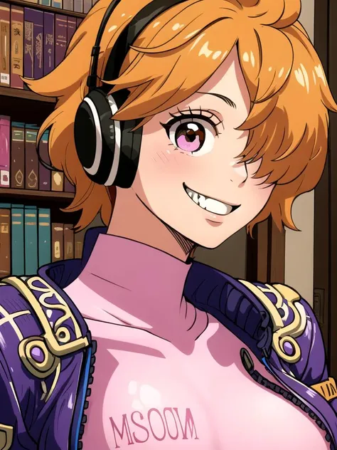 masterpiece, ((ultra detailed background, delicate pattern, intricate detail)), (highly detailed, fine details), best quality, beautiful lighting, ((medium breasts, slim girl)), 1girl, Lilith, ((mischievous smile)) ,(bangs covering one eye), ((light ginger hair)),headphones, (brown eyes), dark-purple jacket, ((pink bodysuit, full-body suit)), complex detailed background, inside, castle room environment, medieval castle, gray walls, window, bookshelf, (close-up, portrait),  blush, open mouth, big mouth, tongue, tongue out, close up, saliva, uvula, uvula, room, mouth focus, excessive saliva,