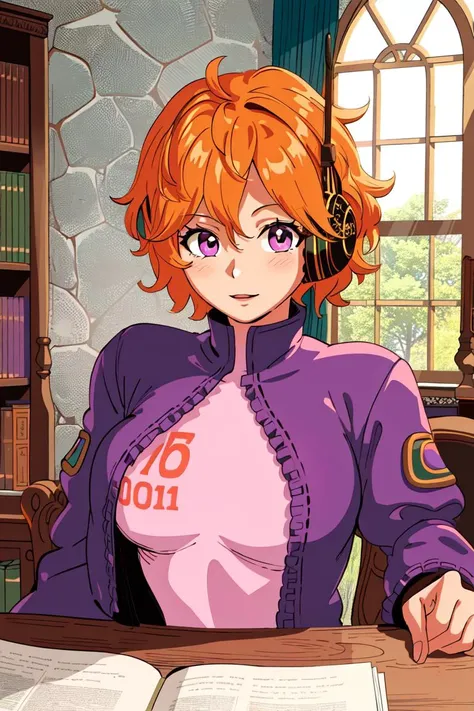 masterpiece, ((ultra detailed background, delicate pattern, intricate detail)), (highly detailed, fine details), best quality, beautiful lighting, ((medium breasts, slim girl)), 1girl, Lilith, (bangs covering one eye), ((light orange hair)), headphones, purple eyes, dark-blue jacket, ((pink bodysuit, full-body suit)), complex detailed background, inside, castle room environment, medieval castle, gray walls, window, bookshelf, (close-up, portrait), <lora:Lilith:0.85>