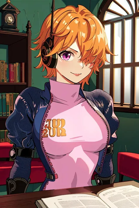 masterpiece, ((ultra detailed background, delicate pattern, intricate detail)), (highly detailed, fine details), best quality, beautiful lighting, ((medium breasts, slim girl)), 1girl, Lilith, (bangs covering one eye), ((light orange hair)), headphones, purple eyes, dark-blue jacket, ((pink bodysuit, full-body suit)), complex detailed background, inside, castle room environment, medieval castle, gray walls, window, bookshelf, (close-up, portrait), <lora:Lilith:0.85>