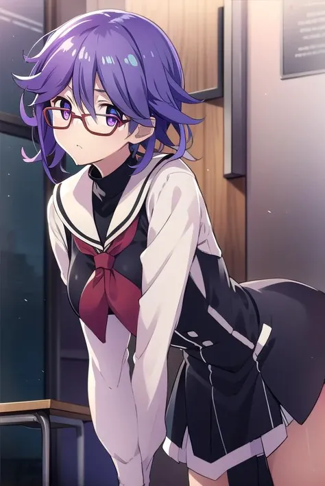 hanakazuki, <lyco:hanakazukiLYCORIStest:1>,
hana kazuki, short hair, hair between eyes, (purple eyes:1.1), purple hair,  glasses,
BREAK long sleeves, dress, school uniform, necktie, black dress, short dress, red necktie,
BREAK looking at viewer,
BREAK indoors, classroom,
BREAK <lora:GoodHands-vanilla:1>, (masterpiece:1.2), best quality, high resolution, unity 8k wallpaper, (illustration:0.8), (beautiful detailed eyes:1.6), extremely detailed face, perfect lighting, extremely detailed CG, (perfect hands, perfect anatomy),