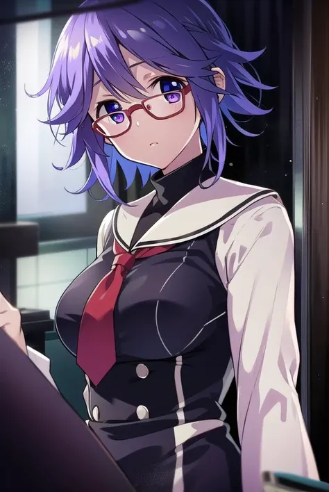 hanakazuki, <lyco:hanakazukiLYCORIStest:1>,
hana kazuki, short hair, hair between eyes, (purple eyes:1.1), purple hair, glasses,
BREAK long sleeves, dress, school uniform, necktie, black dress, short dress, red necktie,
BREAK looking at viewer,
BREAK indoors, classroom,
BREAK <lora:GoodHands-vanilla:1>, (masterpiece:1.2), best quality, high resolution, unity 8k wallpaper, (illustration:0.8), (beautiful detailed eyes:1.6), extremely detailed face, perfect lighting, extremely detailed CG, (perfect hands, perfect anatomy),