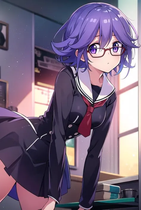hanakazuki, <lyco:hanakazukiLYCORIStest:1>,
hana kazuki, short hair, hair between eyes, (purple eyes:1.1), purple hair, glasses,
BREAK long sleeves, dress, school uniform, necktie, black dress, short dress, red necktie,
BREAK looking at viewer,
BREAK indoors, classroom,
BREAK <lora:GoodHands-vanilla:1>, (masterpiece:1.2), best quality, high resolution, unity 8k wallpaper, (illustration:0.8), (beautiful detailed eyes:1.6), extremely detailed face, perfect lighting, extremely detailed CG, (perfect hands, perfect anatomy),