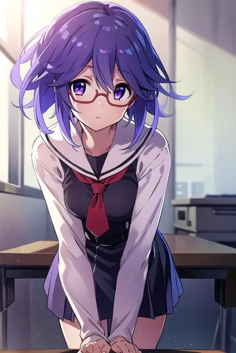 hanakazuki, <lyco:hanakazukiLYCORIStest:1>,
hana kazuki, short hair, hair between eyes, (purple eyes:1.1), purple hair, glasses,
BREAK long sleeves, dress, school uniform, necktie, black dress, short dress, red necktie,
BREAK looking at viewer, hands behind head,
BREAK indoors, classroom,
BREAK <lora:GoodHands-vanilla:1>, (masterpiece:1.2), best quality, high resolution, unity 8k wallpaper, (illustration:0.8), (beautiful detailed eyes:1.6), extremely detailed face, perfect lighting, extremely detailed CG, (perfect hands, perfect anatomy),
