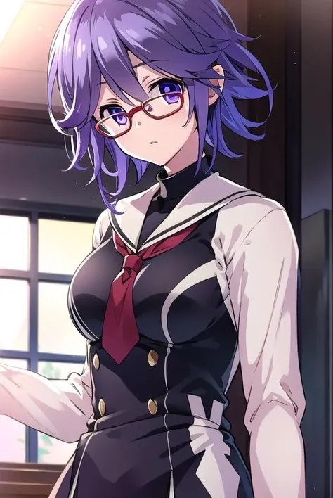 hanakazuki, <lyco:hanakazukiLYCORIStest:1>,
hana kazuki, short hair, hair between eyes, (purple eyes:1.1), purple hair, glasses,
BREAK long sleeves, dress, school uniform, necktie, black dress, short dress, red necktie,
BREAK looking at viewer,
BREAK indoors, classroom,
BREAK <lora:GoodHands-vanilla:1>, (masterpiece:1.2), best quality, high resolution, unity 8k wallpaper, (illustration:0.8), (beautiful detailed eyes:1.6), extremely detailed face, perfect lighting, extremely detailed CG, (perfect hands, perfect anatomy),