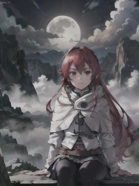 a photograph of a Eris at full moon in a mountainous environment, full moon with fog and clouds, concept art, epic lighting, cinematographic ,Eris_Greyrat, red eyes, red hair <lora:erisGreyratYoungLORA_eris:0.7>