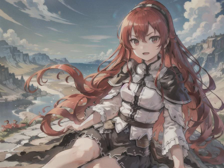 Sitting on Large Grassy Cliff Blue Sky Gorgeous Landscape Beautiful View, extremely quality ,extremely realistic, extremely masterpiece, extremely detailed, extremely detailed background, (masterpiece, sidelighting, finely detailed beautiful eyes: 1.2),Eris_Greyrat, red eyes, red hair <lora:erisGreyratYoungLORA_eris:0.7>