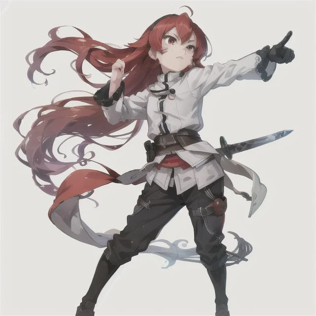 full body ,Standing pointing his sword at the camera, (masterpiece, sidelighting, finely detailed beautiful eyes: 1.2),Eris_Greyrat, red eyes, red hair <lora:erisGreyratYoungLORA_eris:0.7>