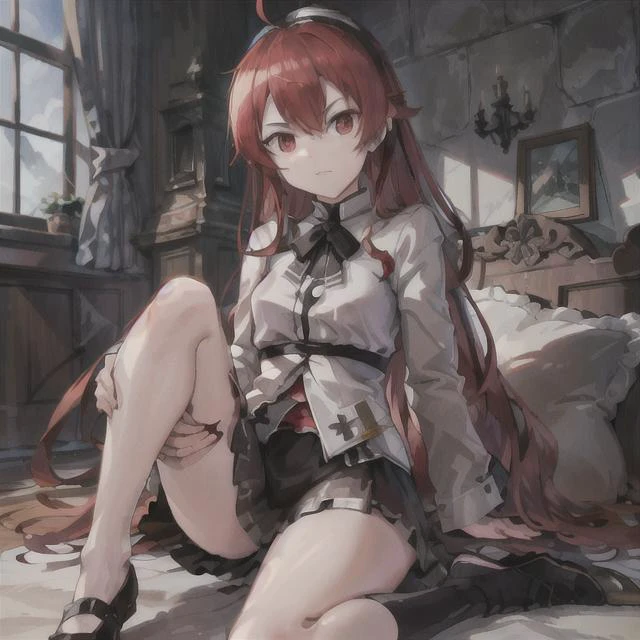 full body , in a Battle Scene (masterpiece, sidelighting, finely detailed beautiful eyes: 1.2),Eris_Greyrat,red eyes <lora:erisGreyratYoungLORA_eris:0.7> fire