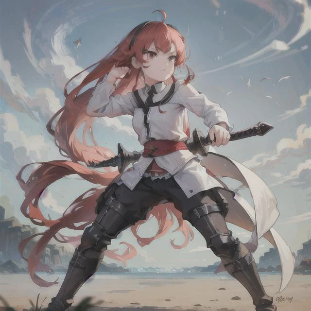 full body with a sword , Combat pose on a beach, (masterpiece, sidelighting, finely detailed beautiful eyes: 1.2),Eris_Greyrat,red eyes <lora:erisGreyratYoungLORA_eris:0.7>