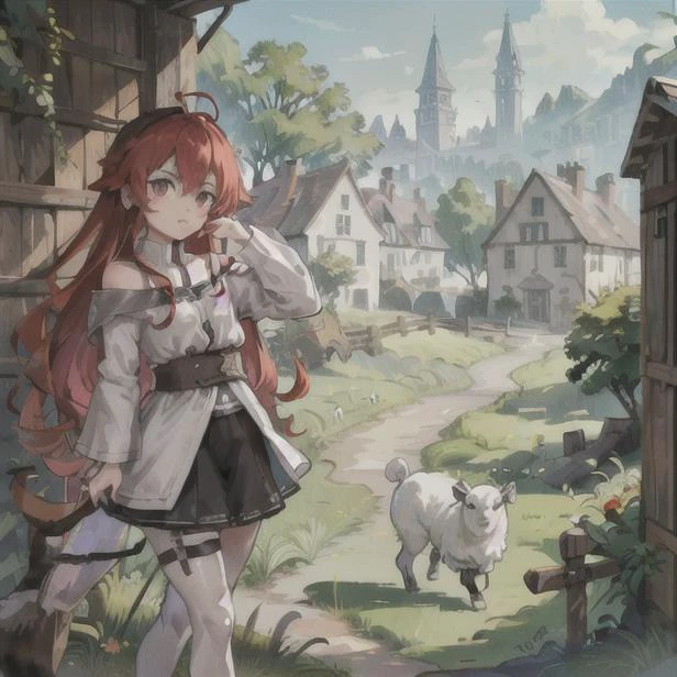 Eris Greyrat standing in a green village, houses overgrown with greenery, sheep graze in the meadow, concept art, epic lighting, cinematographic ,Eris_Greyrat, red eyes, red hair <lora:erisGreyratYoungLORA_eris:0.7>