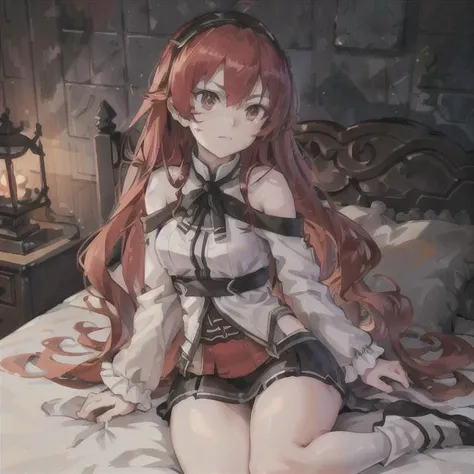 full body , in a Battle Scene (masterpiece, sidelighting, finely detailed beautiful eyes: 1.2),Eris_Greyrat,red eyes <lora:erisGreyratYoungLORA_eris:0.7> fire