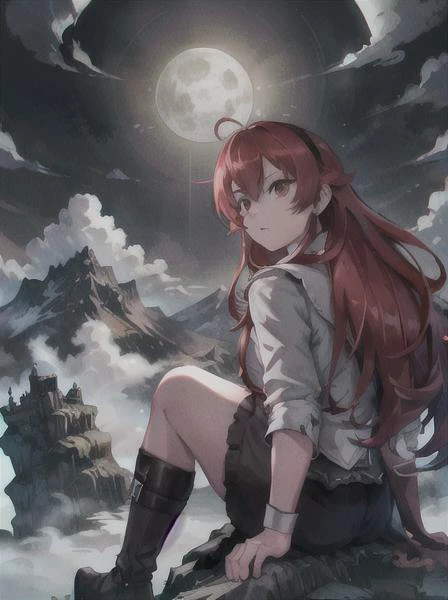 a photograph of a Eris at full moon in a mountainous environment, full moon with fog and clouds, concept art, epic lighting, cinematographic ,Eris_Greyrat, red eyes, red hair <lora:erisGreyratYoungLORA_eris:0.7>