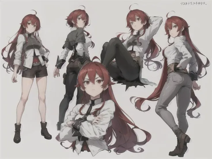 Character sheet, concept art, full body, poses, (masterpiece, sidelighting, finely detailed beautiful eyes: 1.2),Eris_Greyrat, red eyes, red hair <lora:erisGreyratYoungLORA_eris:0.7>